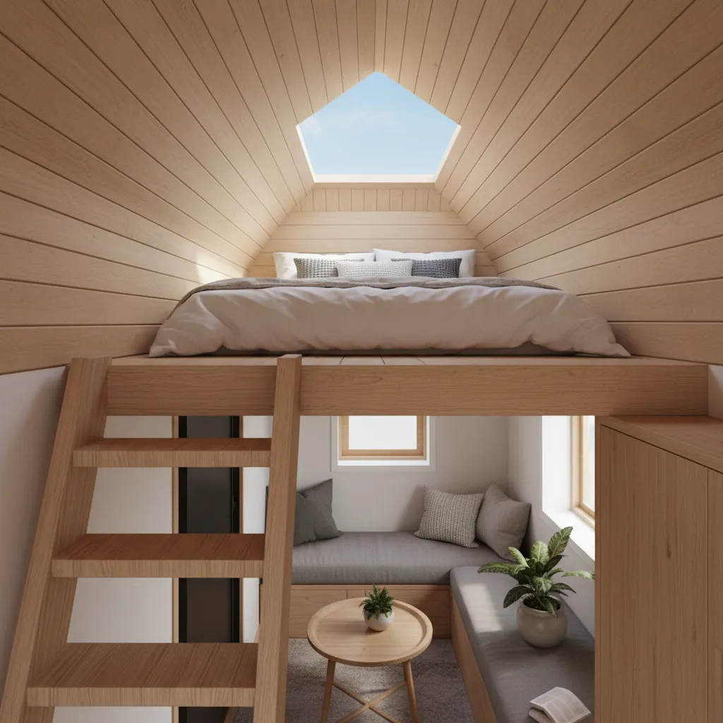 Loft bedroom inside a small modern tiny house