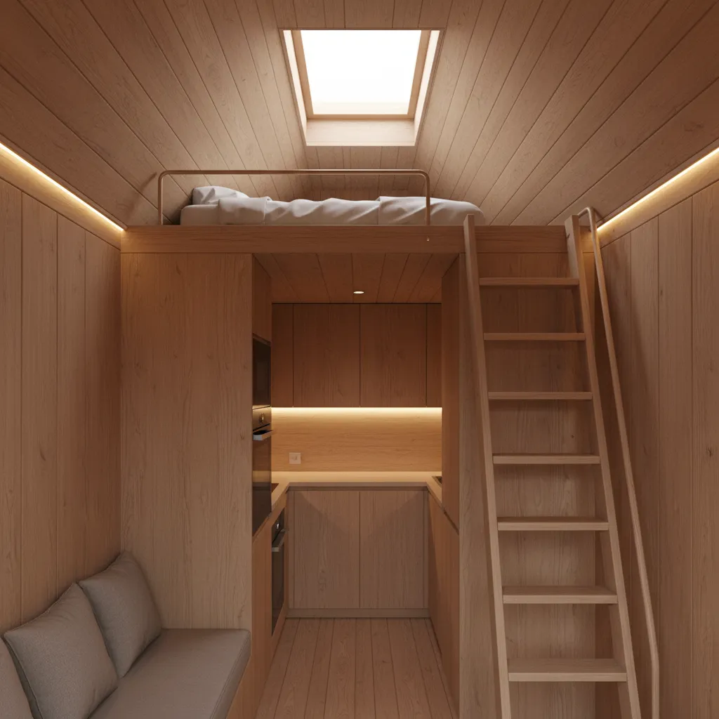 tiny house interior with loft bedroom ladder and compact kitchen layout