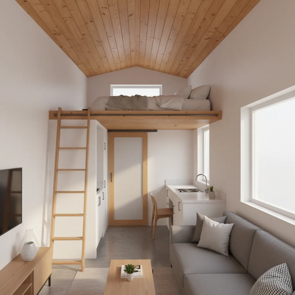 330 sq ft tiny house interior with loft sleeping area above kitchen and living space