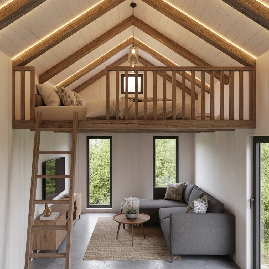 tiny house loft sleeping area above living space