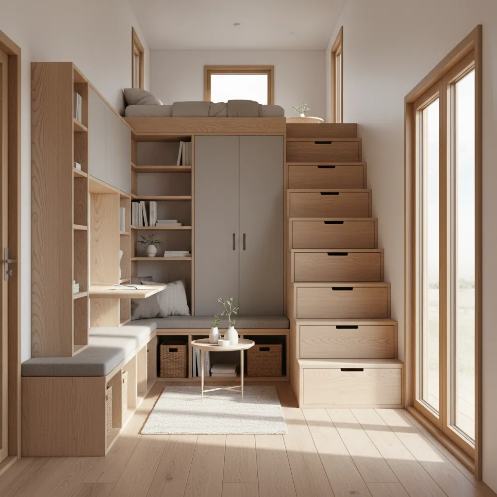 Multi functional storage furniture inside a 700 sq ft tiny home living space