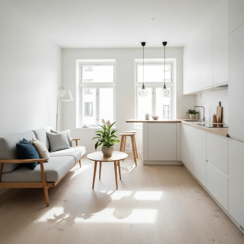 Casa pequeña con distribución abierta entre sala y cocina