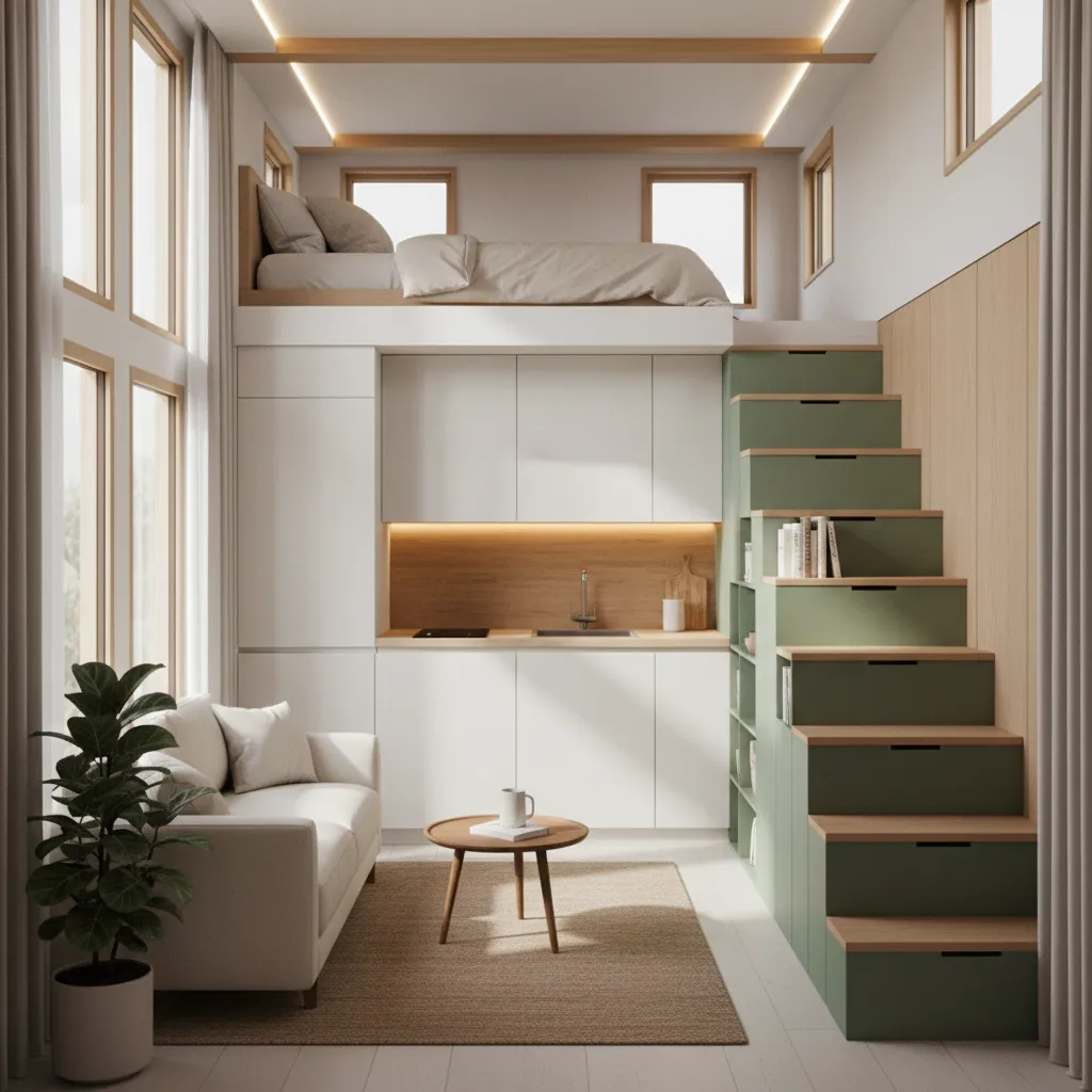 single loft tiny house layout showing living room and kitchen below