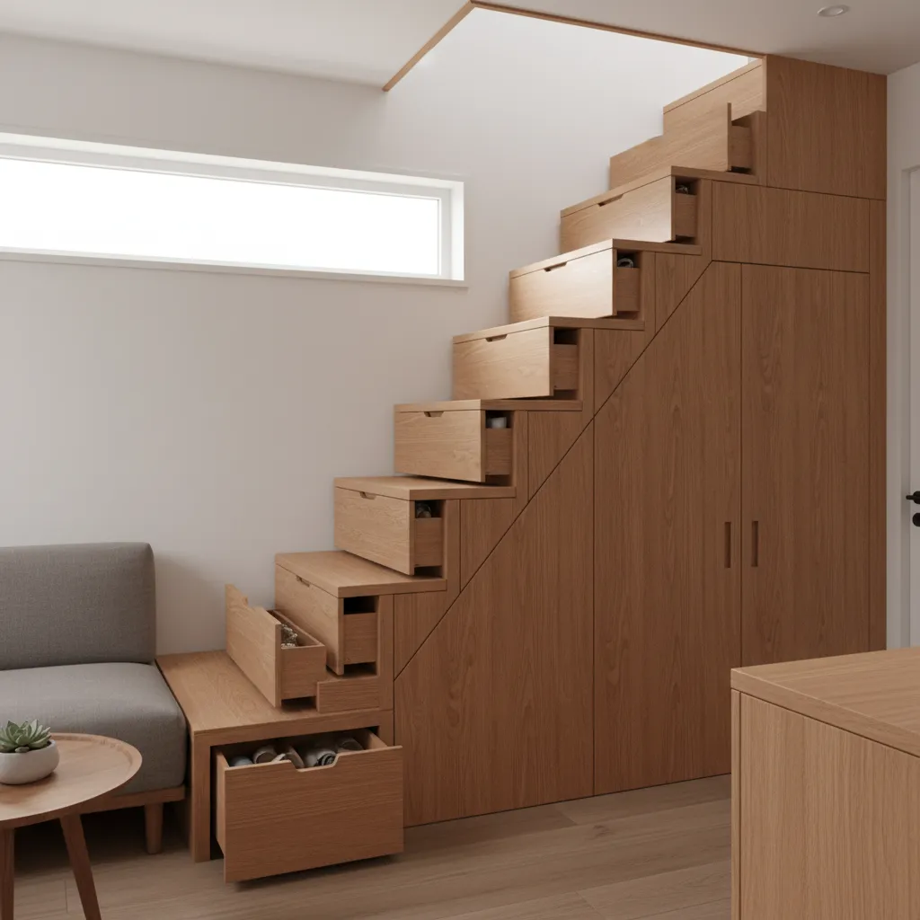 tiny house staircase with built in storage drawers and cabinets