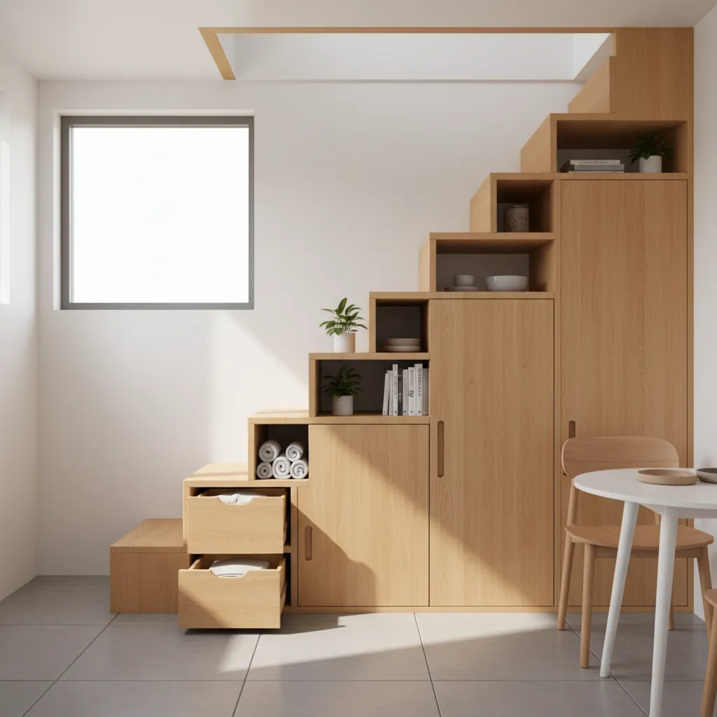 Loft staircase with built in drawers and cabinets in a tiny house