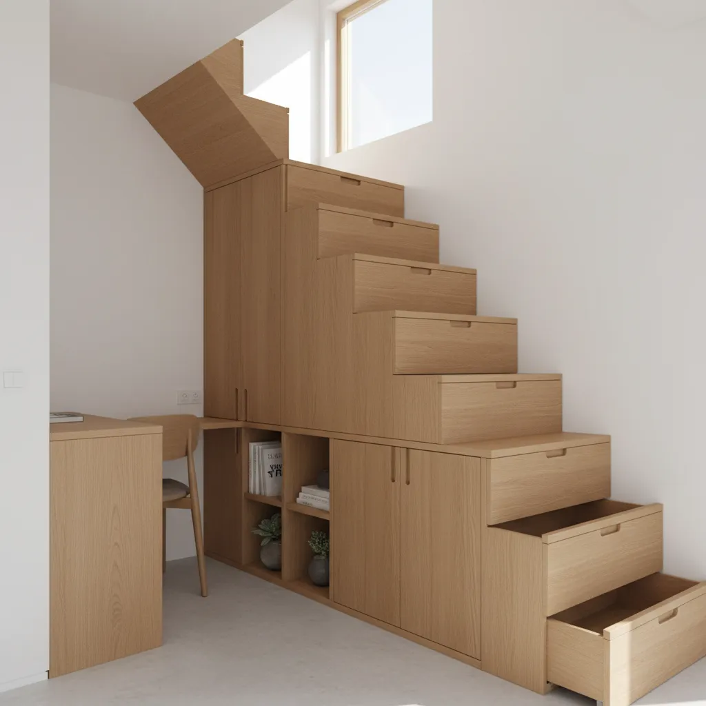 tiny house staircase with built-in storage drawers