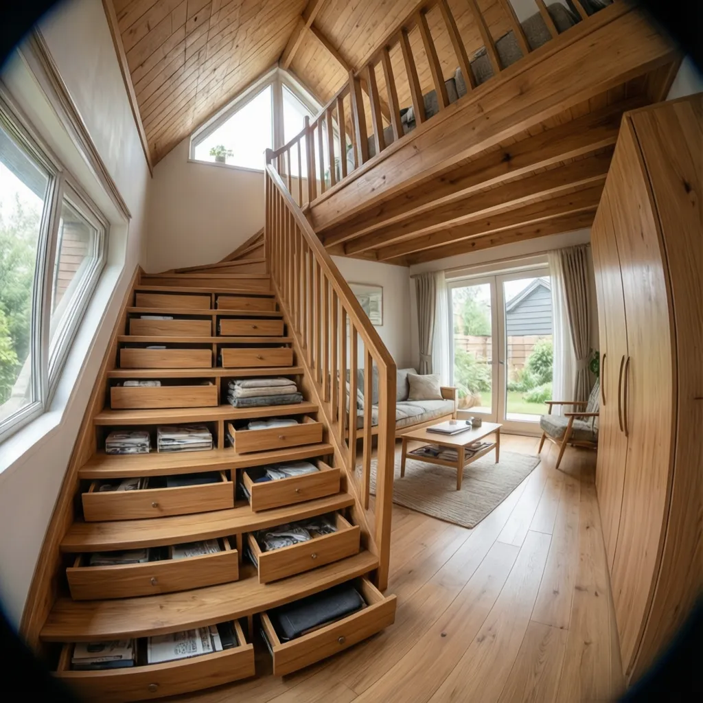 Tiny house staircase with drawers and cabinet storage built into each step