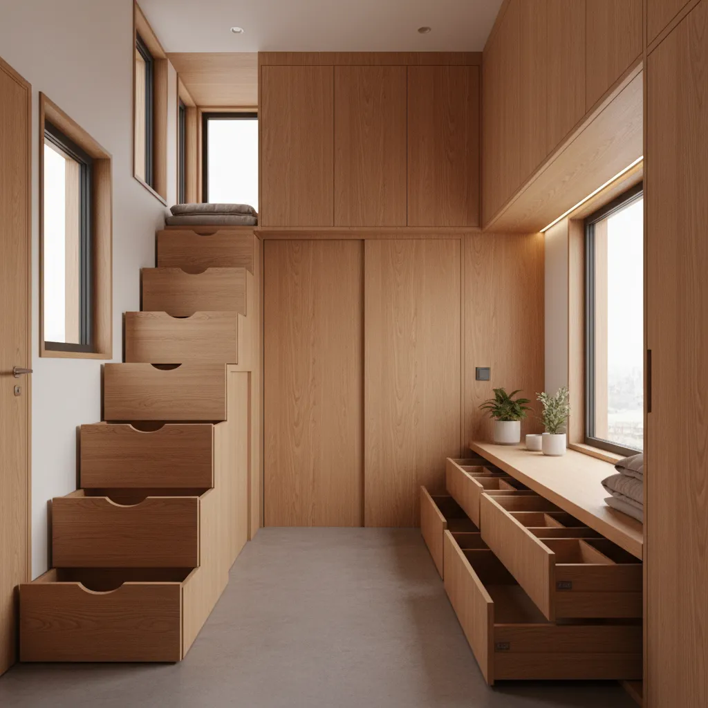 Smart storage solutions in a tiny house including stairs storage and wall cabinets