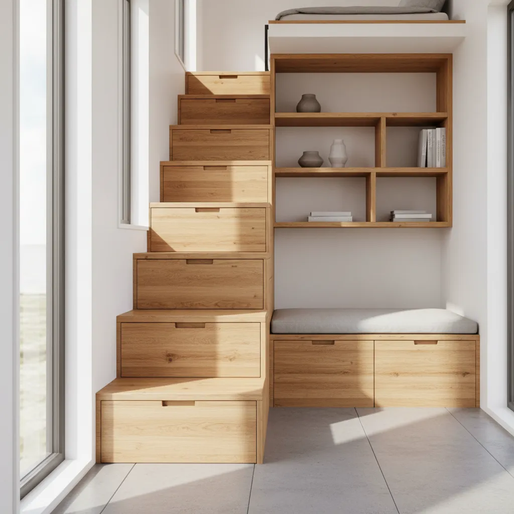Compact staircase with integrated storage in a modern tiny house