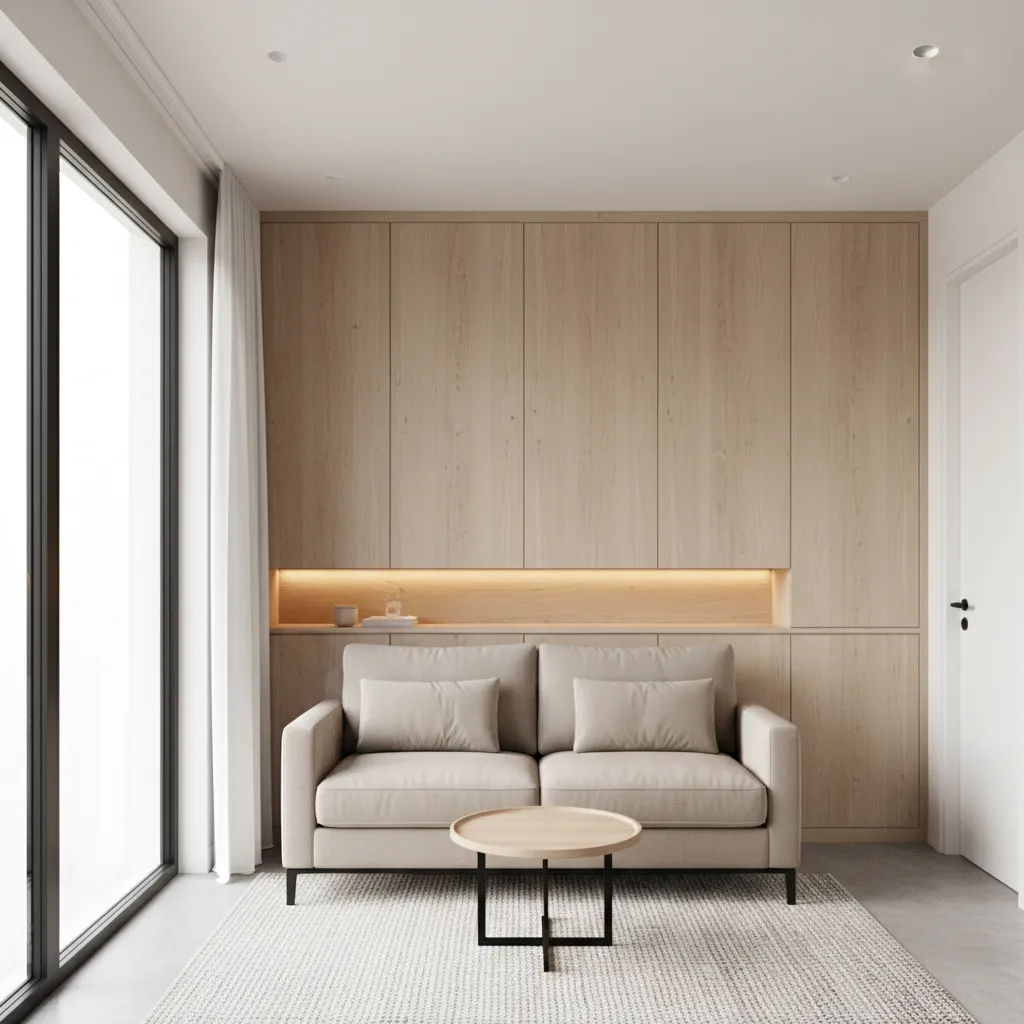 Tiny house living area with wall integrated storage cabinets and compact furniture