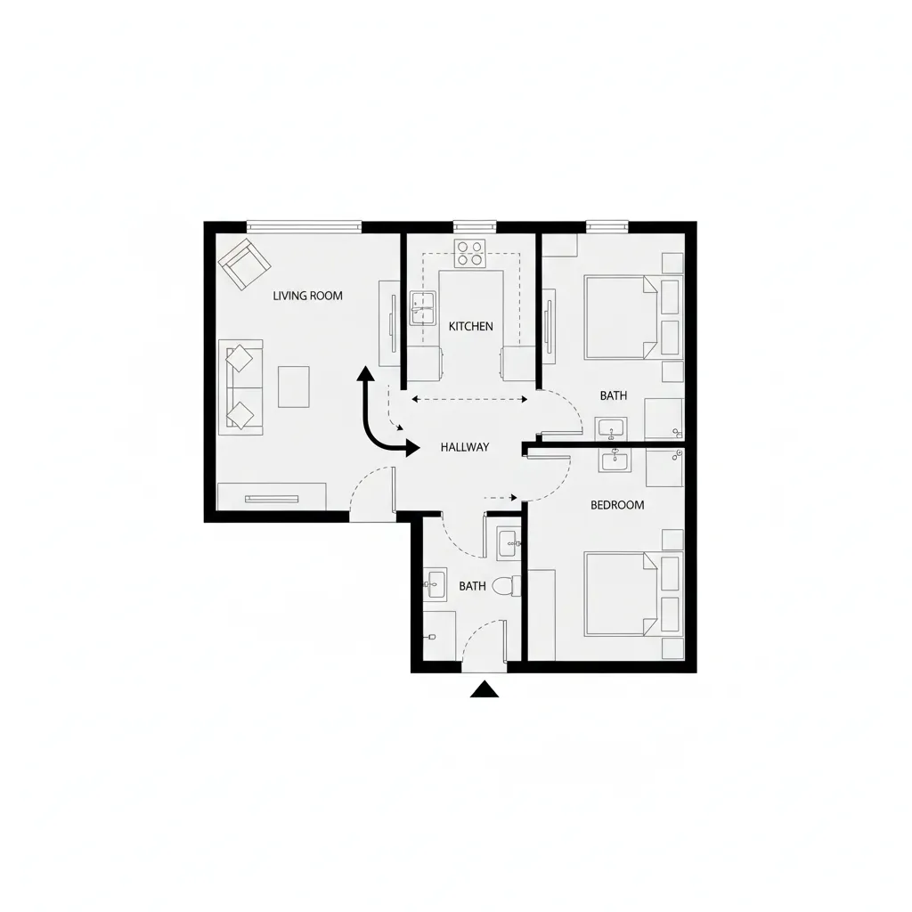 Top view layout showing traffic flow path in a narrow tiny house floor plan
