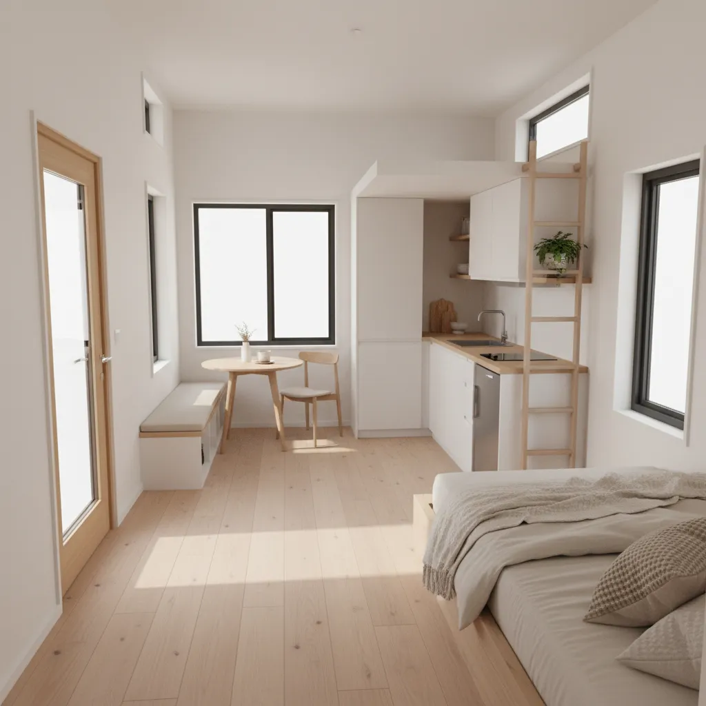 tiny home interior showing clear walking path and single wall layout