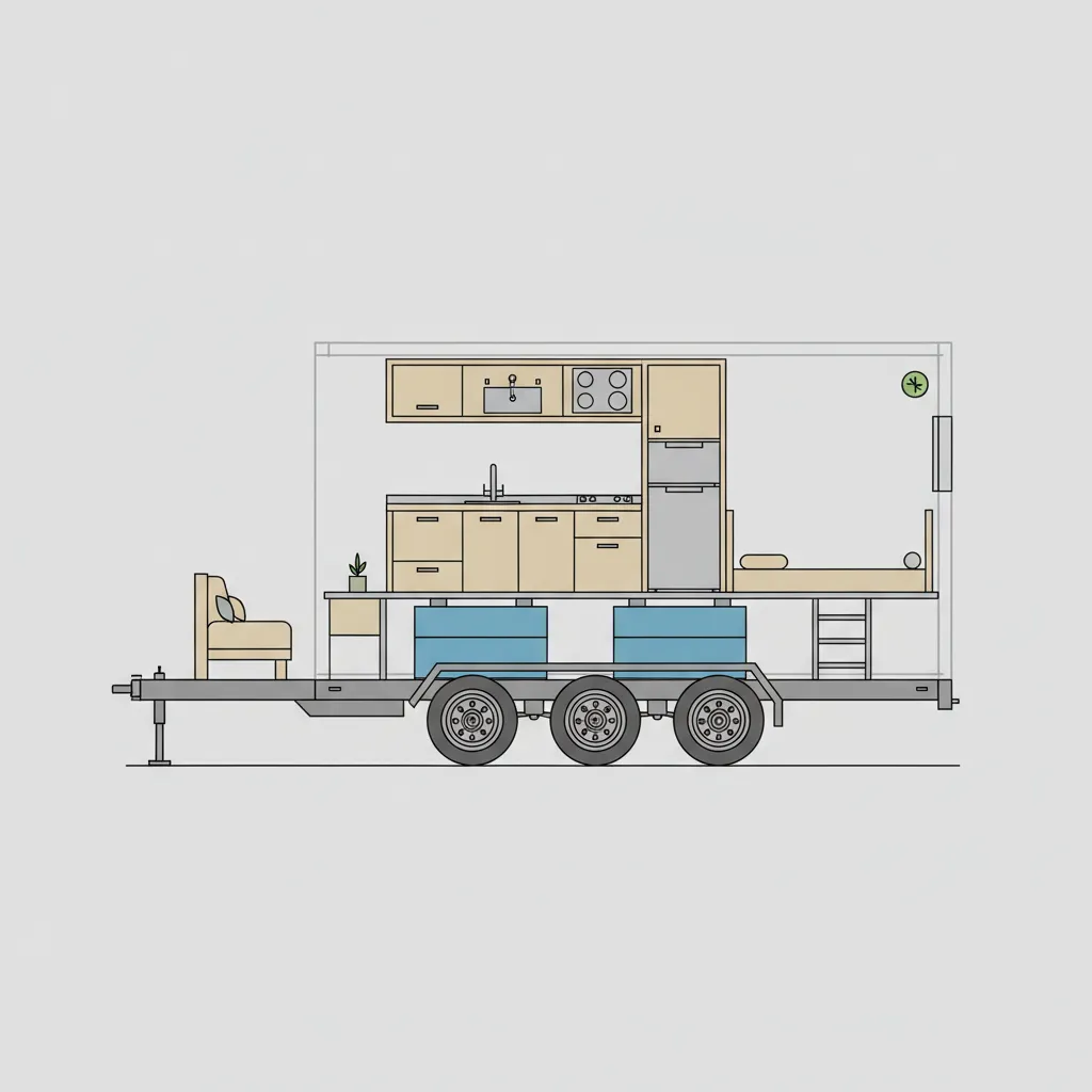 Tiny house trailer showing balanced placement of heavy appliances and water tanks