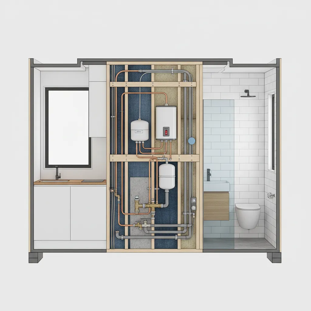 Tiny house interior showing centralized plumbing utility wall design
