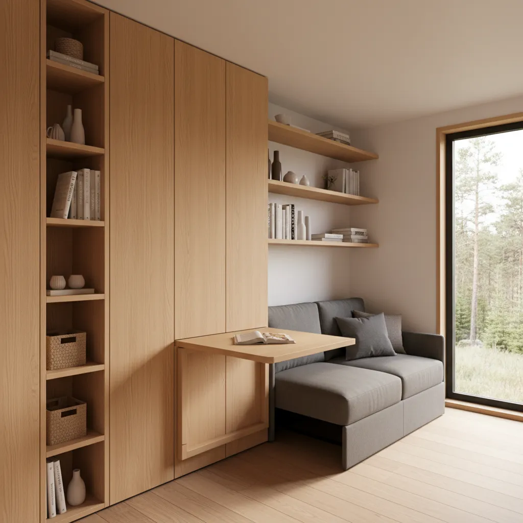 vertical storage wall and foldable furniture inside tiny house interior