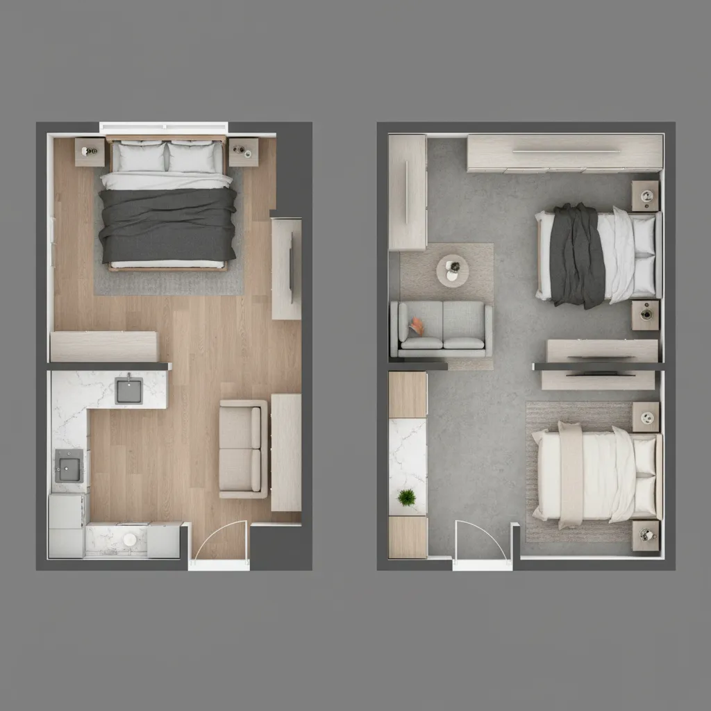 comparison layout diagram of narrow and wide tiny house interiors