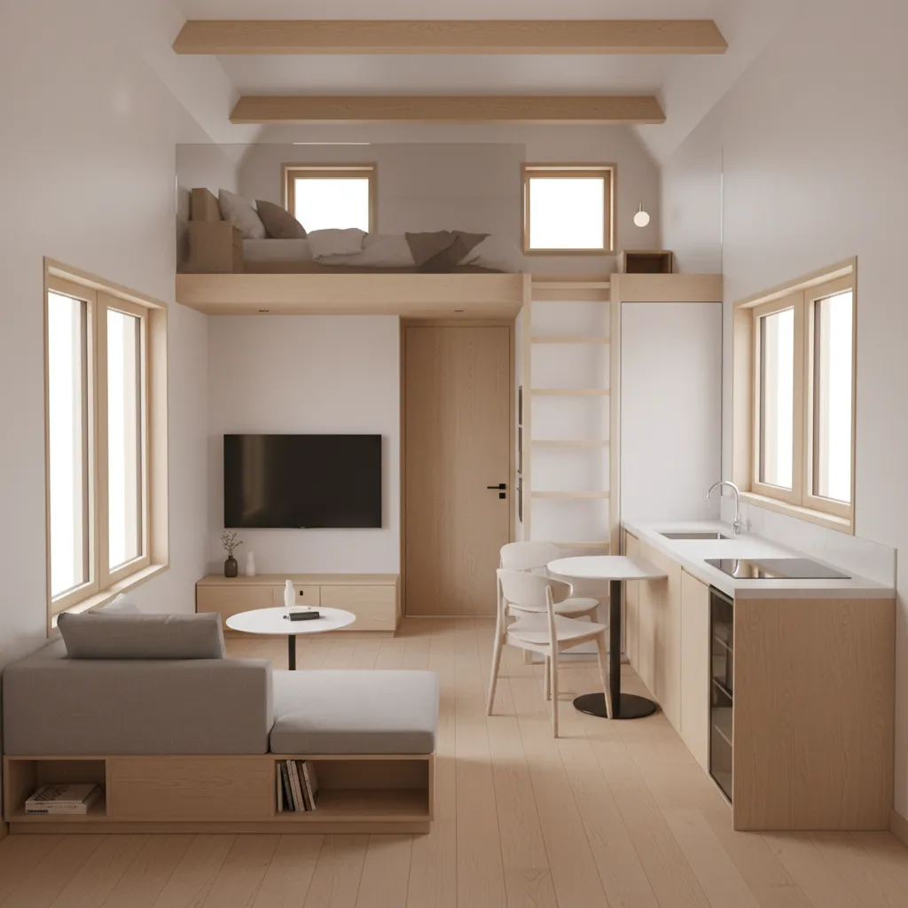 Interior zoning layout inside a 700 sq ft tiny house showing living kitchen and loft areas