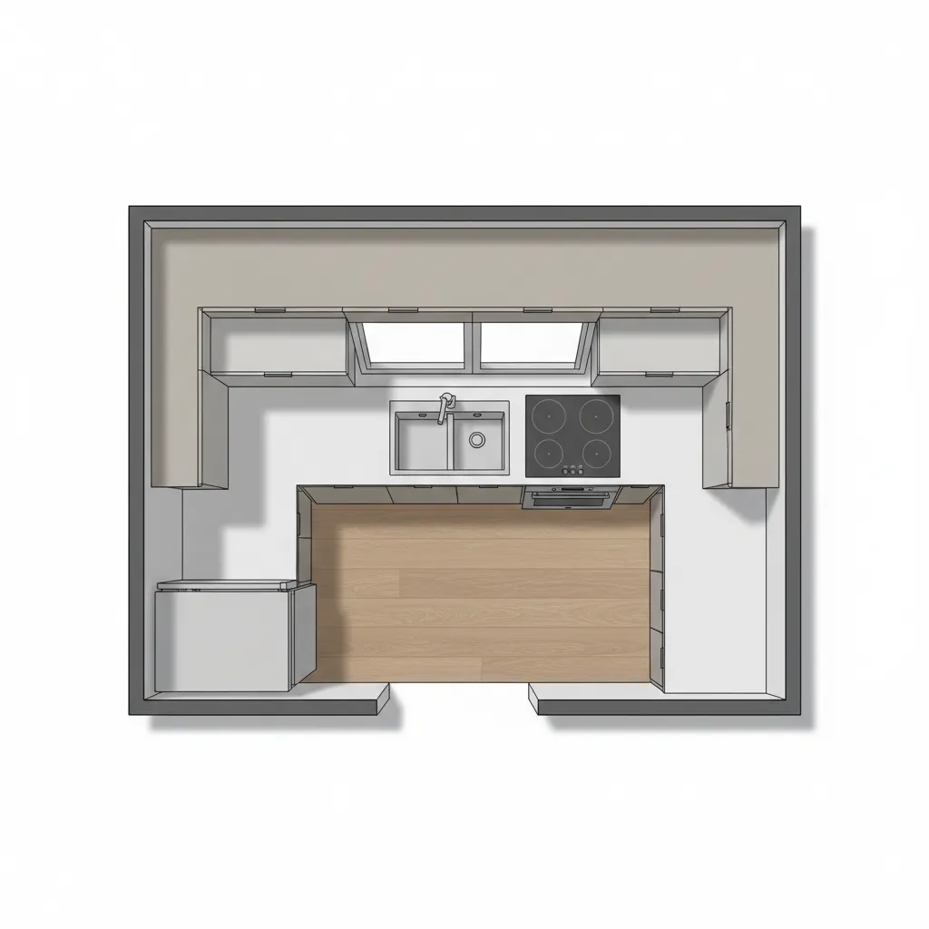 Top view layout diagram of small kitchen appliance placement including fridge