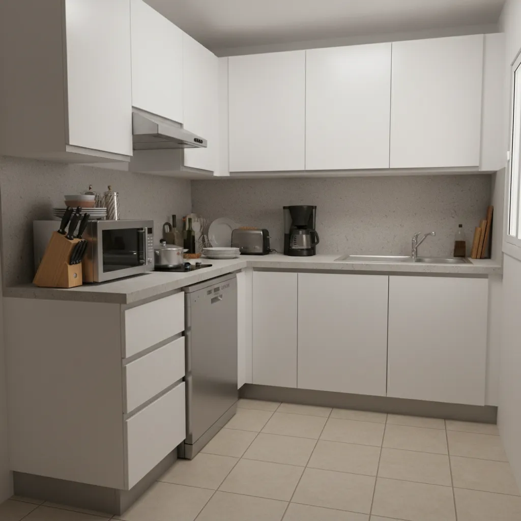 Small kitchen with microwave taking up most of the counter space