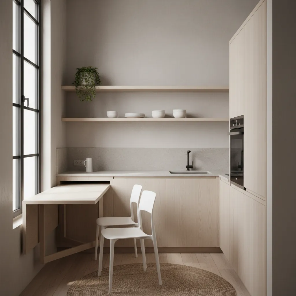 Minimalist kitchen design with wooden cabinets white chairs and a foldable table near the window