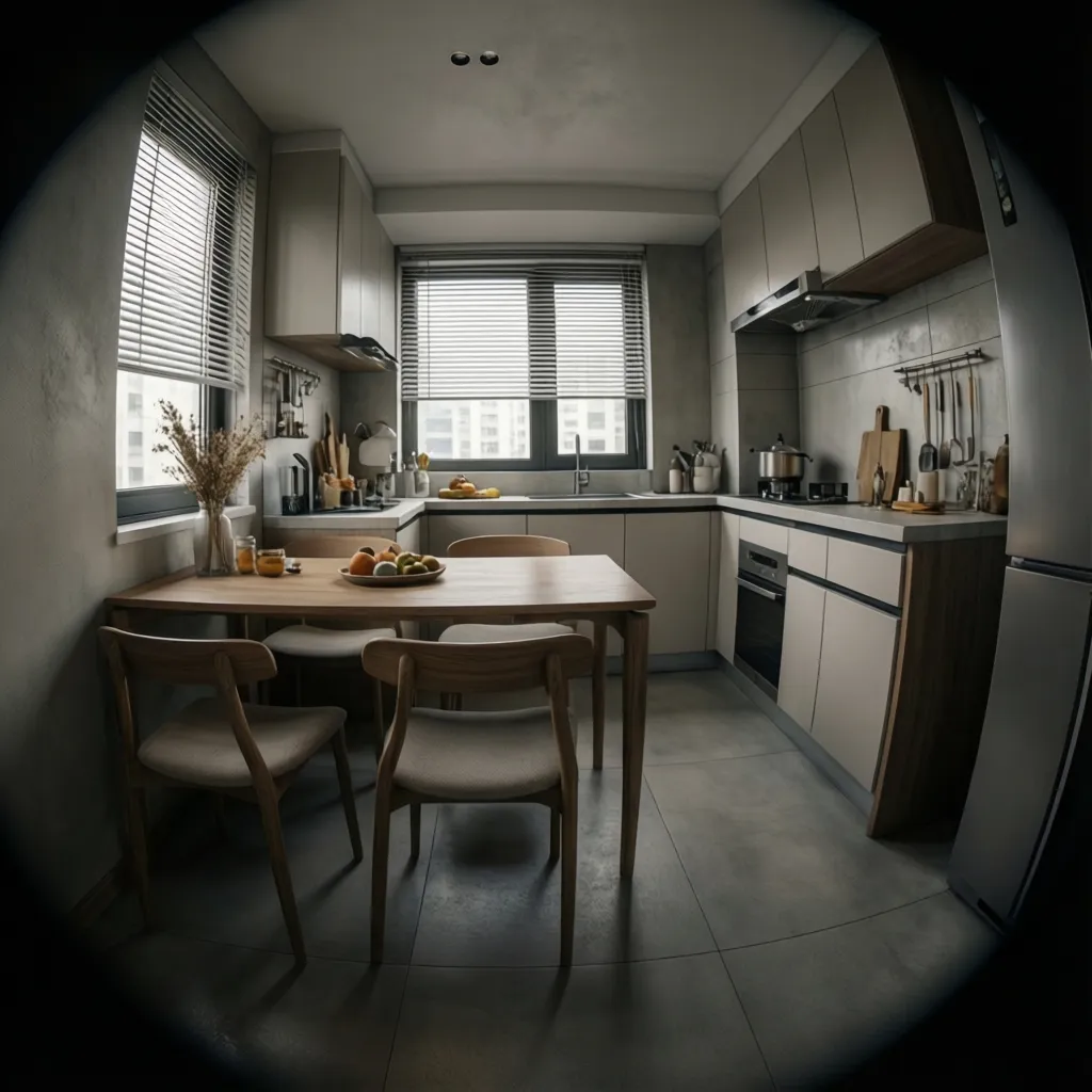 Efficient tiny kitchen layout with a compact dining table near the wall