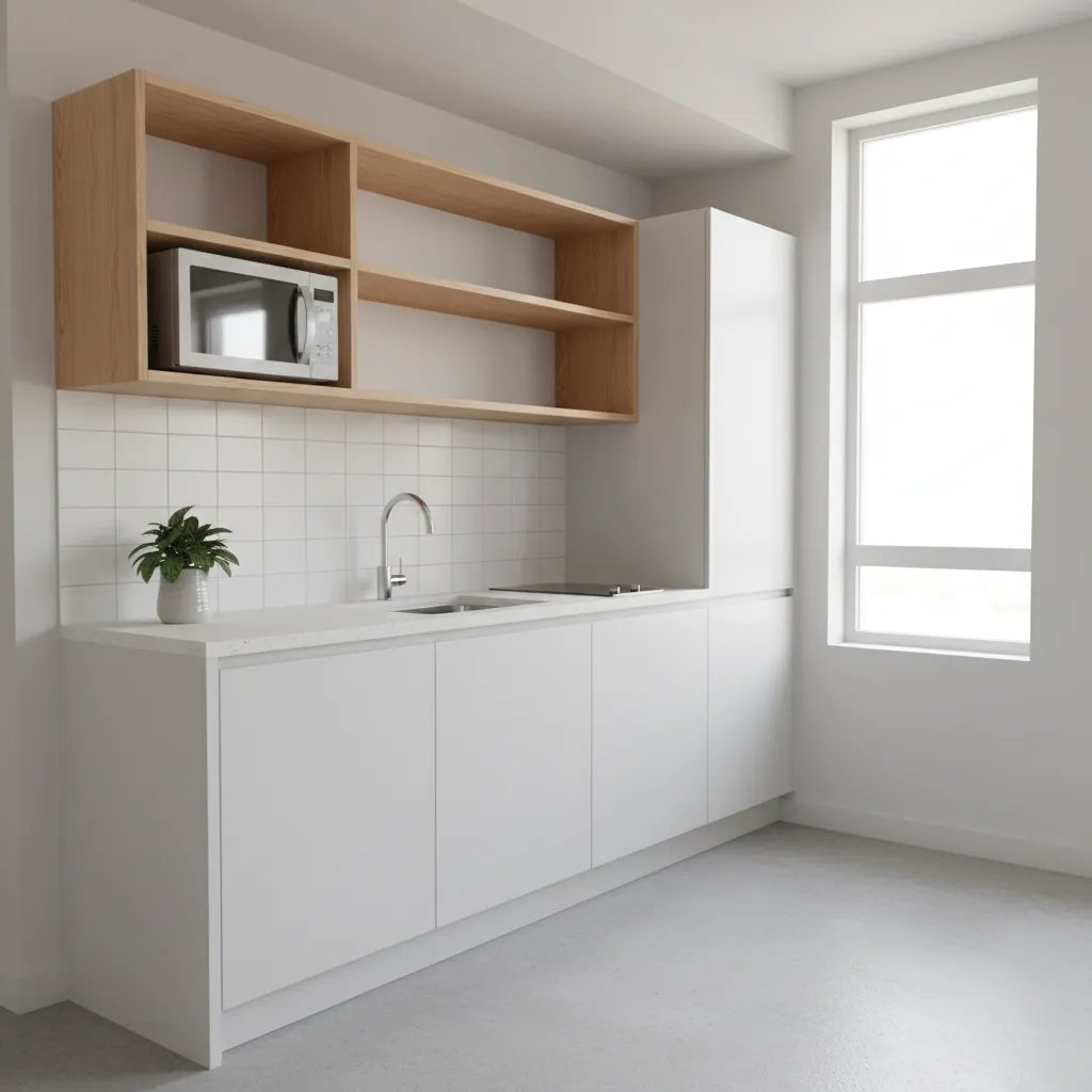 compact kitchen with microwave placed on open shelf above counter