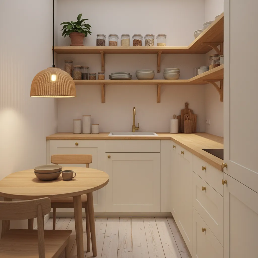 tiny kitchen layout using open shelves and compact storage