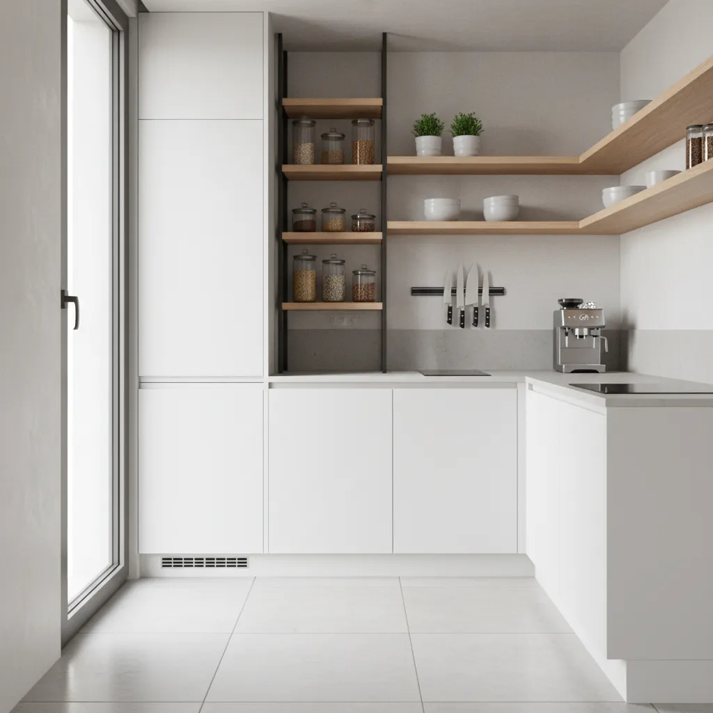 Well organized tiny kitchen with clear counters and vertical storage