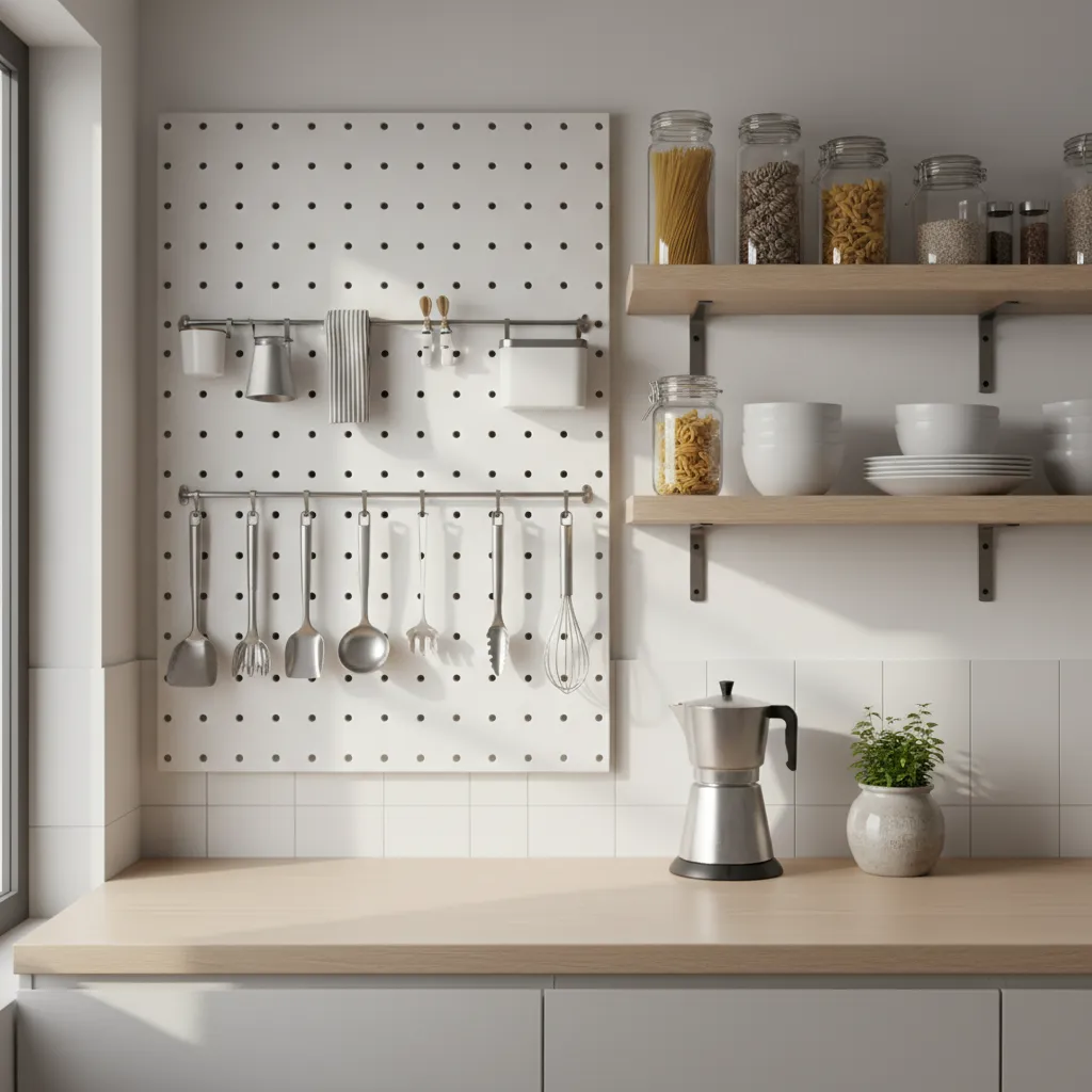 vertical storage solution above mini kitchen counter with pegboard and shelves