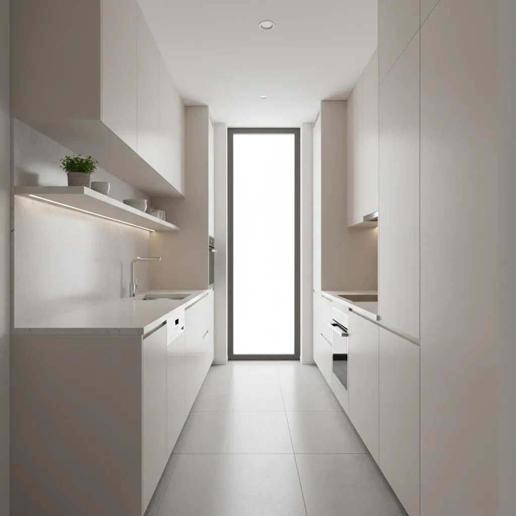 Tiny modular kitchen using vertical cabinets reaching the ceiling for extra storage