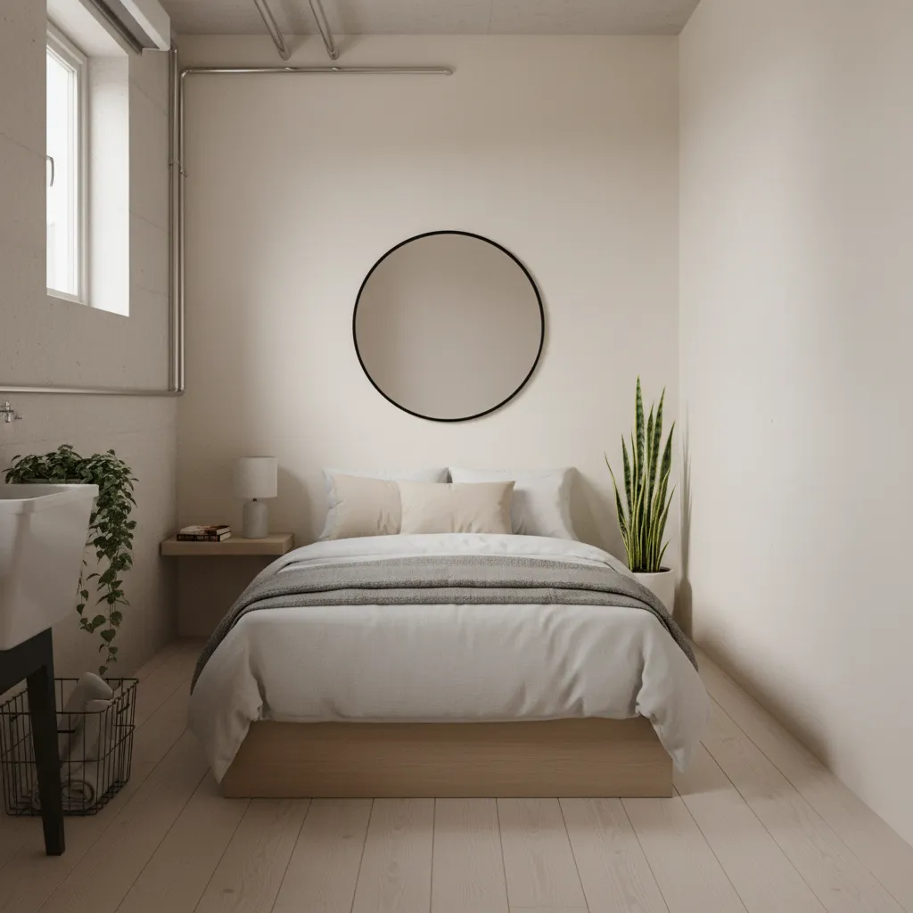Example of a tiny laundry room converted into a compact bedroom layout