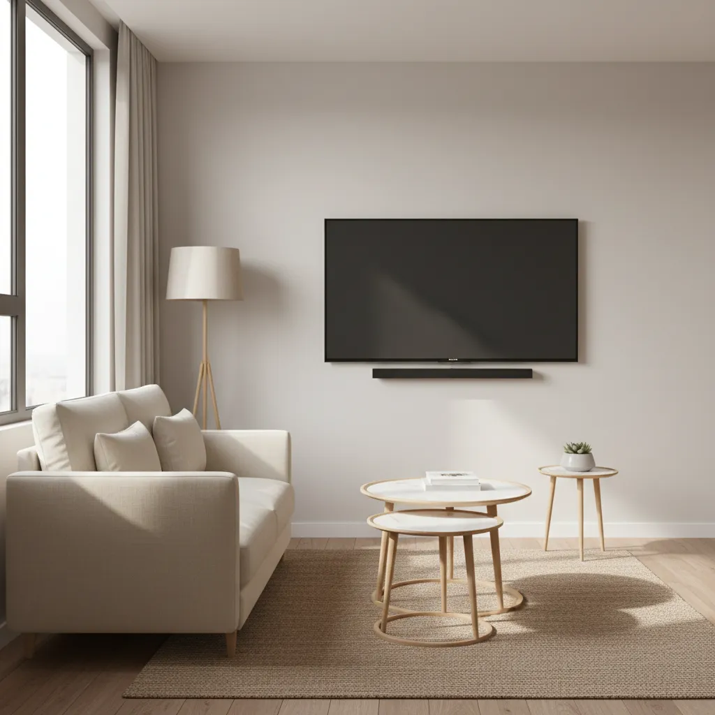 One wall furniture layout in a tiny living room with loveseat and wall mounted TV