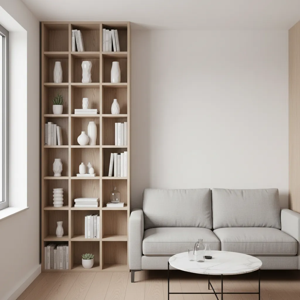 tiny living room with tall shelving and compact furniture