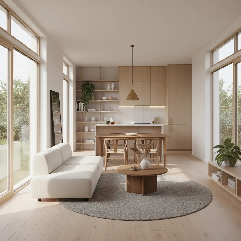 Interior luminoso de casa pequeña moderna con decoración minimalista