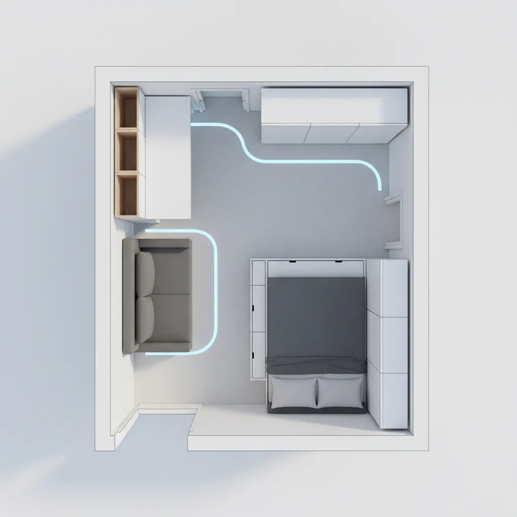 diagram of circulation path through a 50 sq ft room layout