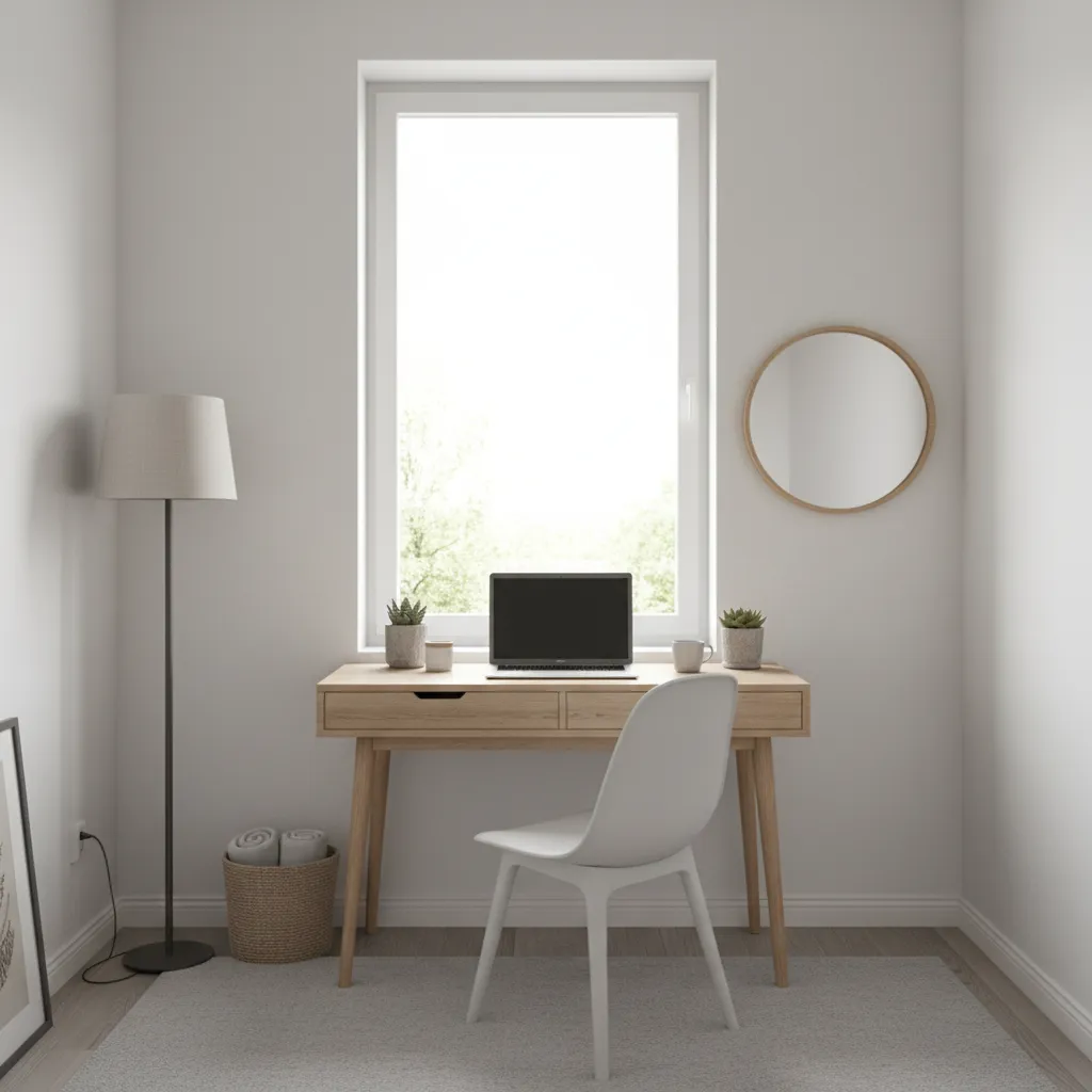 Small wooden desk placed near a window in a compact bedroom workspace