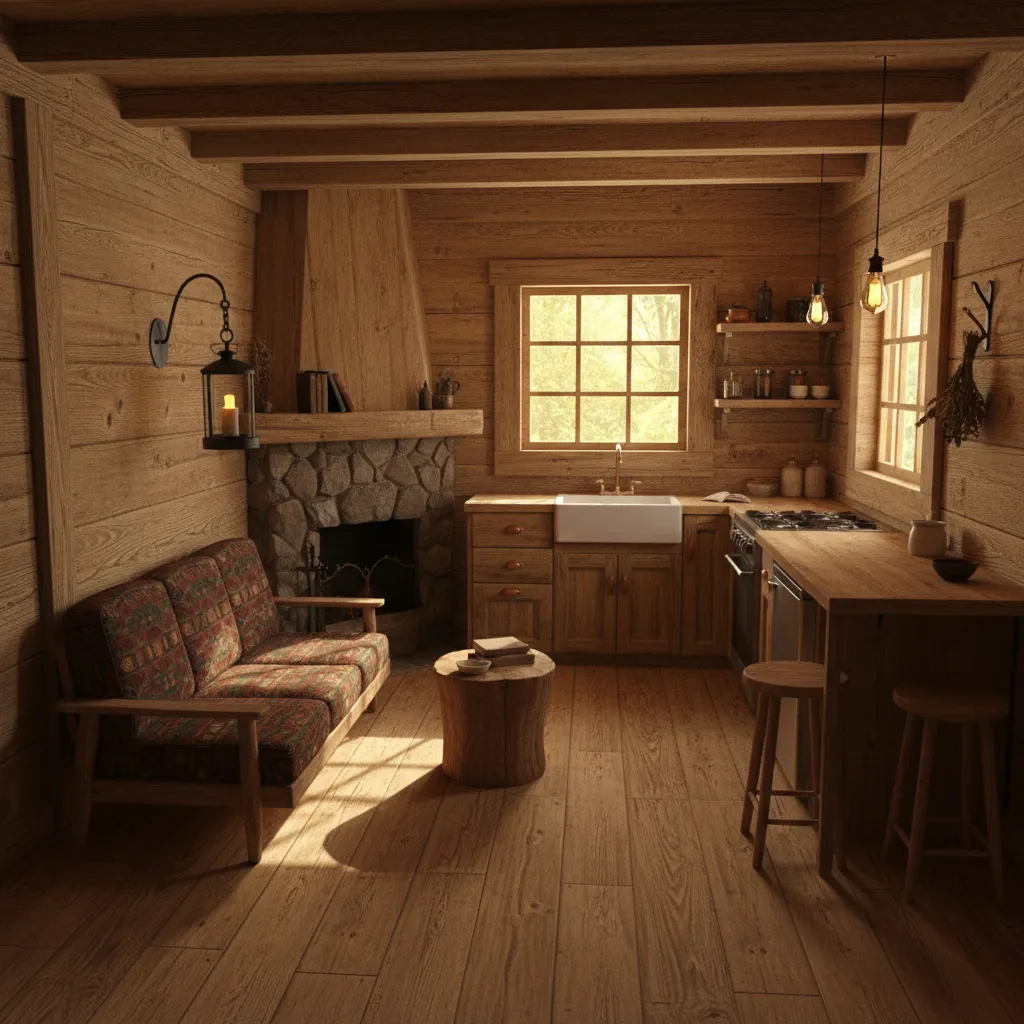 Pequeña sala de cabaña rústica con cocina integrada y muebles compactos