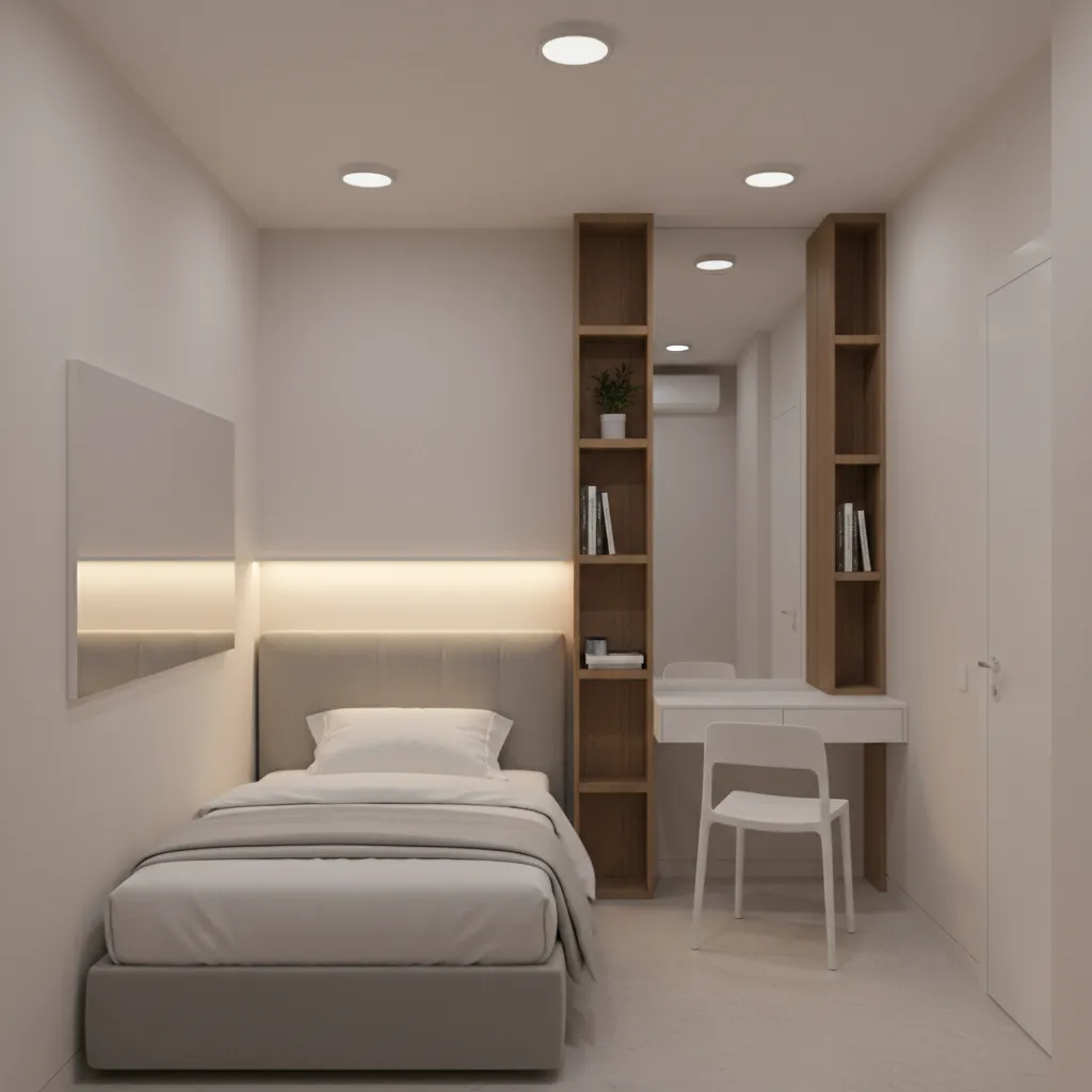 Small 6x9 windowless room layout with compact bed and wall storage