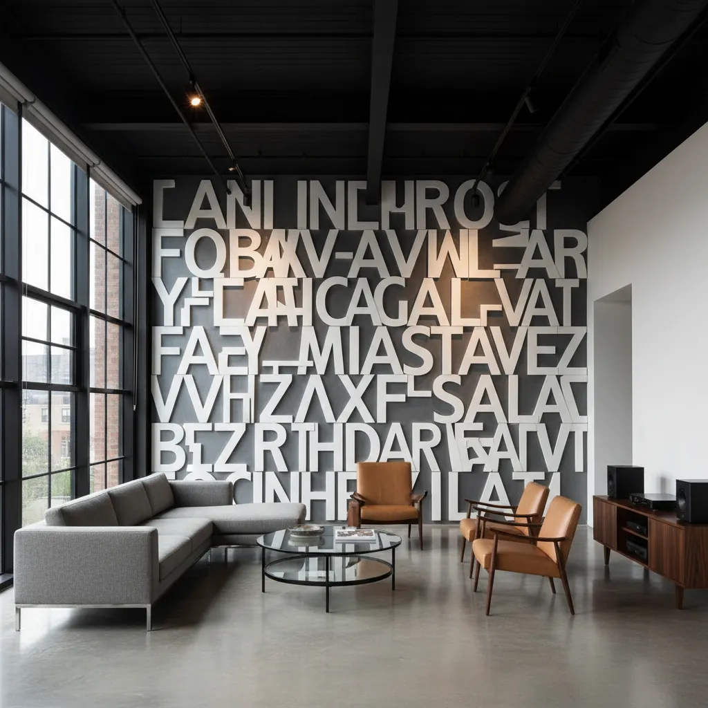 Interior moderno con tipografía gigante decorativa en una pared