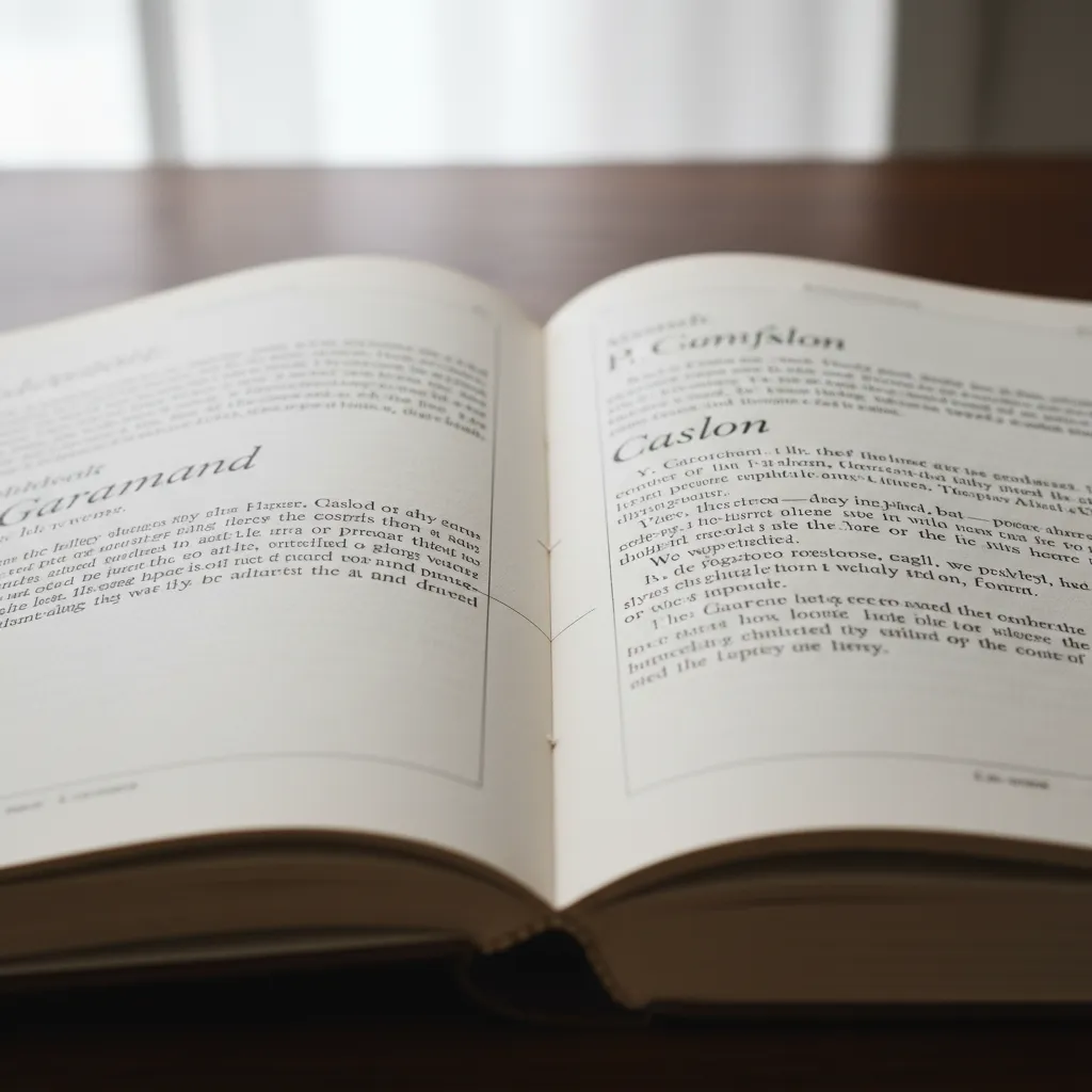 Open book on wooden table showing two different font styles on the white paper pages