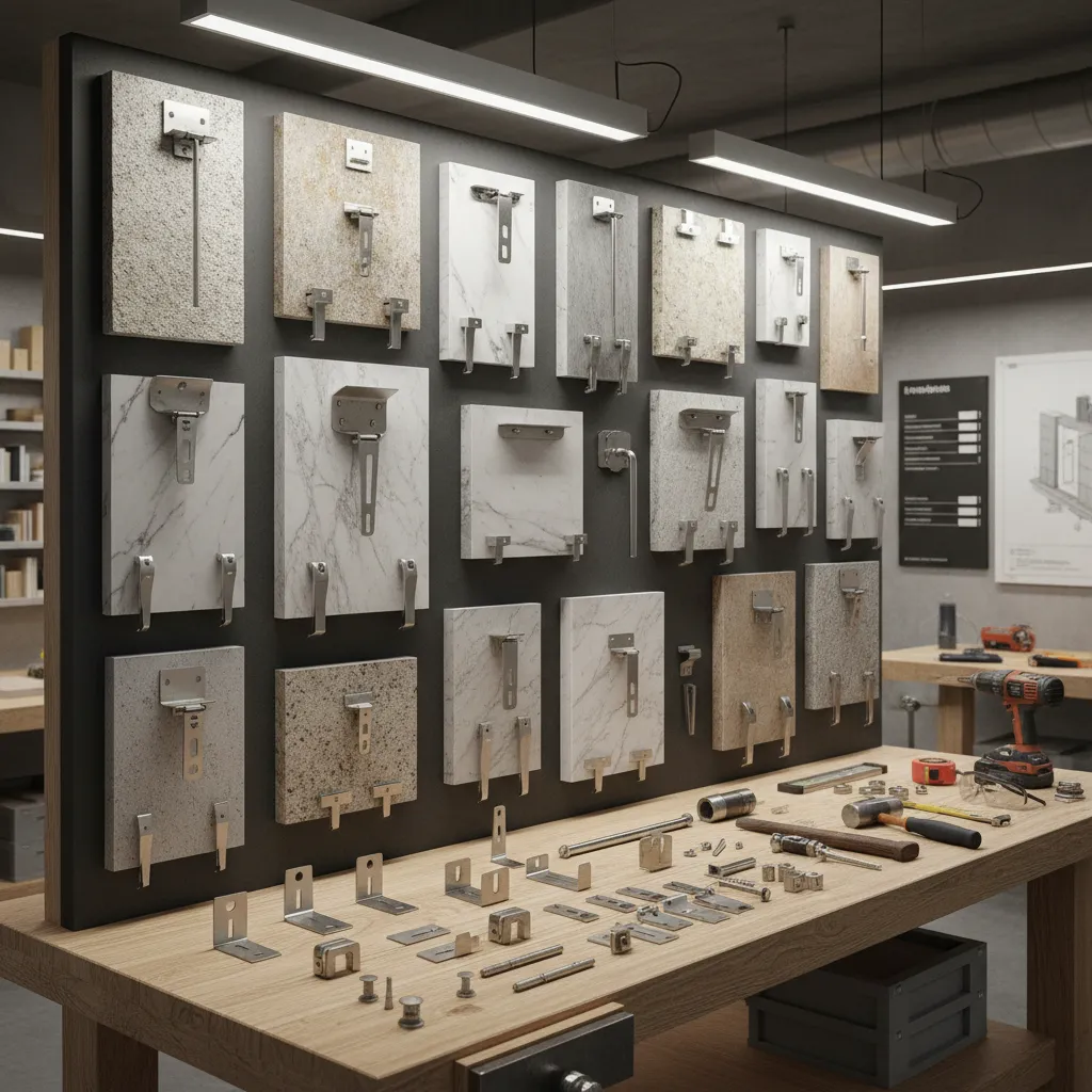 Stone wall samples with metal brackets displayed above wooden workbench with tools and light fixtures