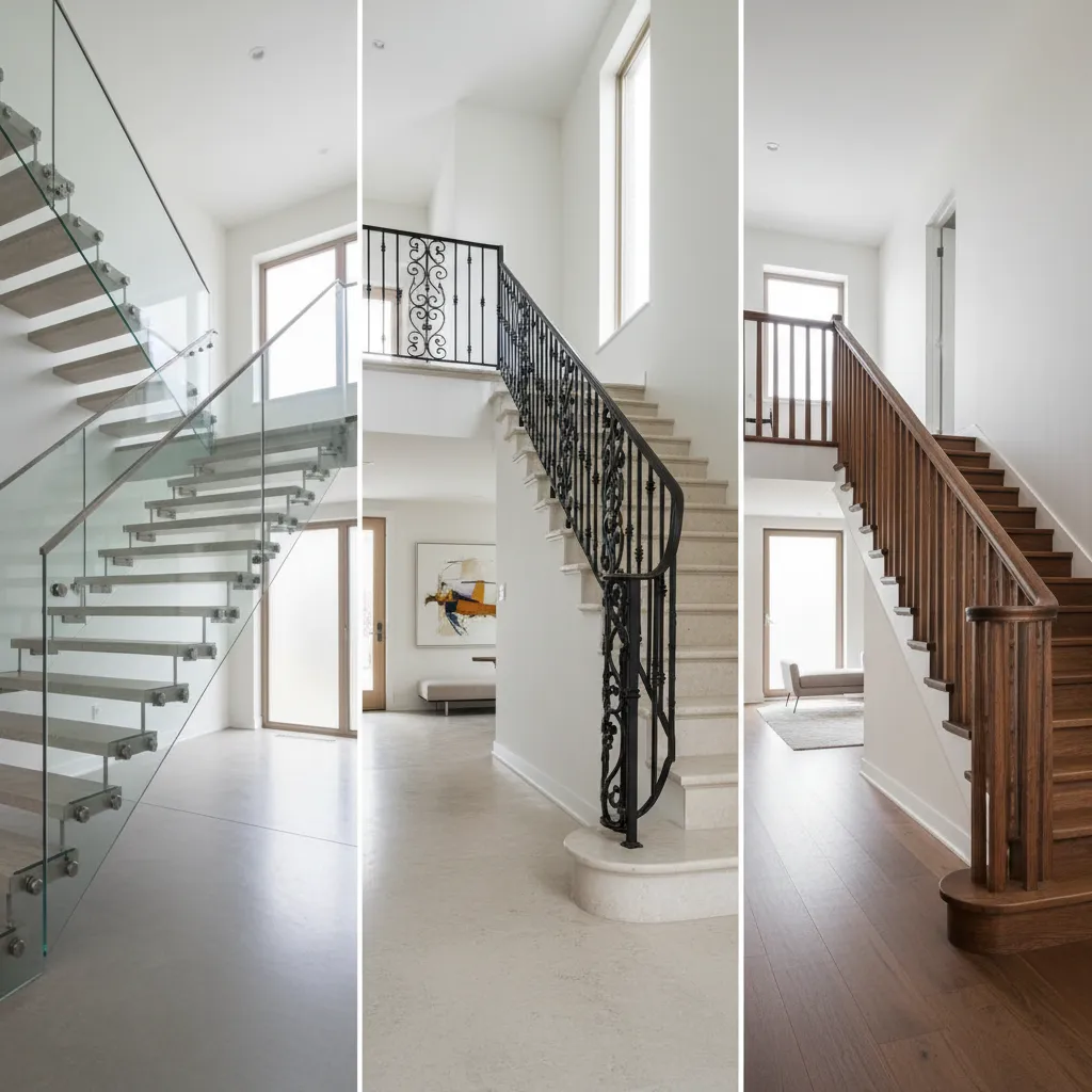 Comparación de barandales de vidrio, hierro y madera en diferentes escaleras