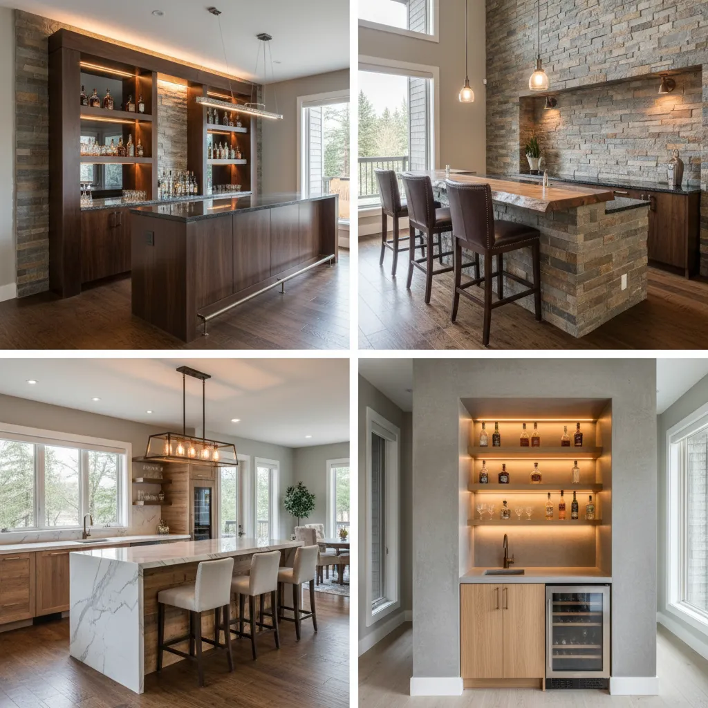 Diferentes estilos de barras de bar en interiores residenciales