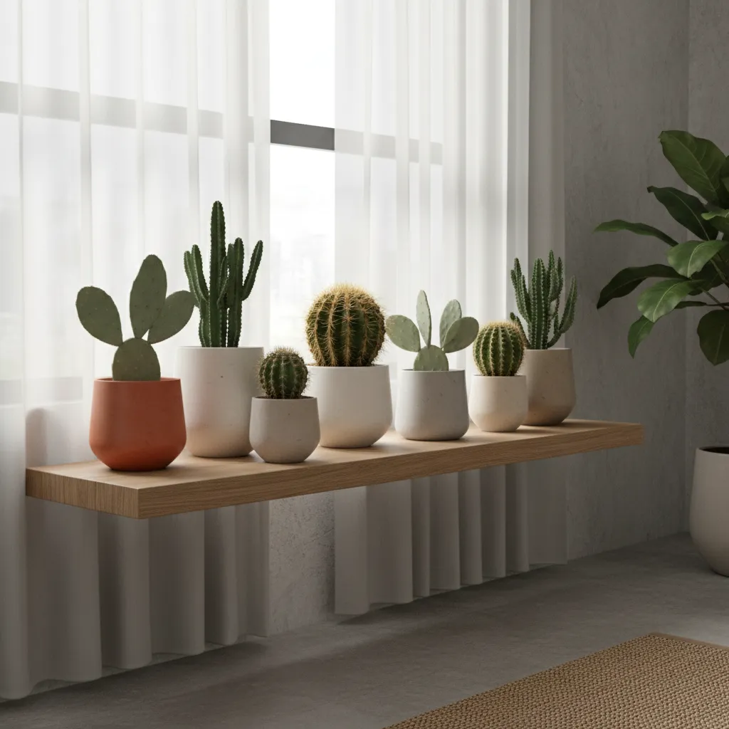 Collection of small potted cacti and succulents sitting on a wooden shelf beside white curtains
