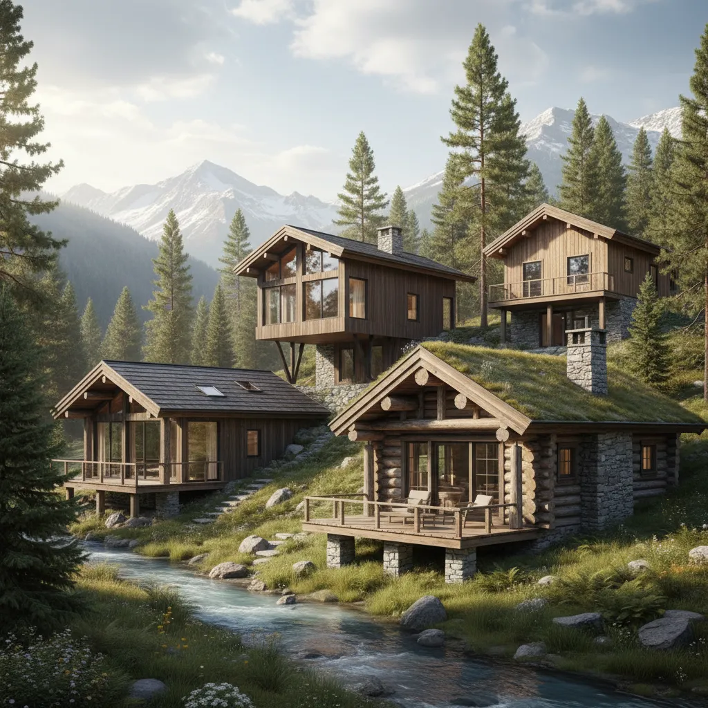 Group of mountain wooden cabins with stone bases near a stream and snow capped mountain peaks
