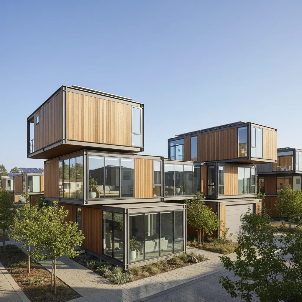 Diferentes estilos de casas prefabricadas modernas en un entorno residencial