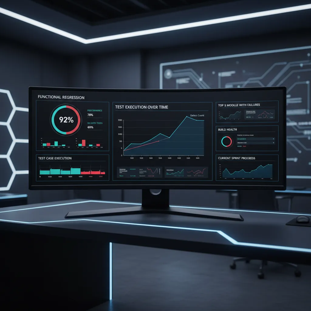 Pantalla con diferentes tipos de pruebas de software representadas en panel de QA