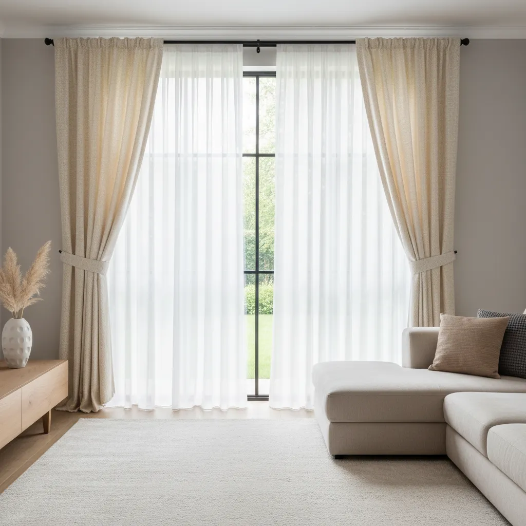 Modern living room with sheer white curtains beige side curtains a sofa and white rug