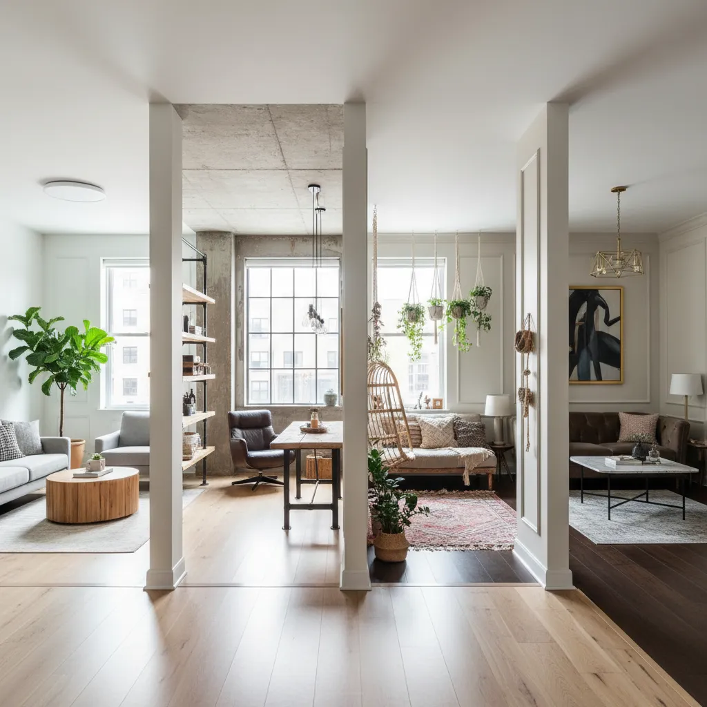 Room layout showing three different living room styles with various sofas coffee tables and plants