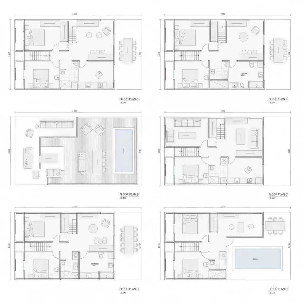 Diferentes estilos de diseño de casas modernas vistas desde arriba en planos arquitectónicos
